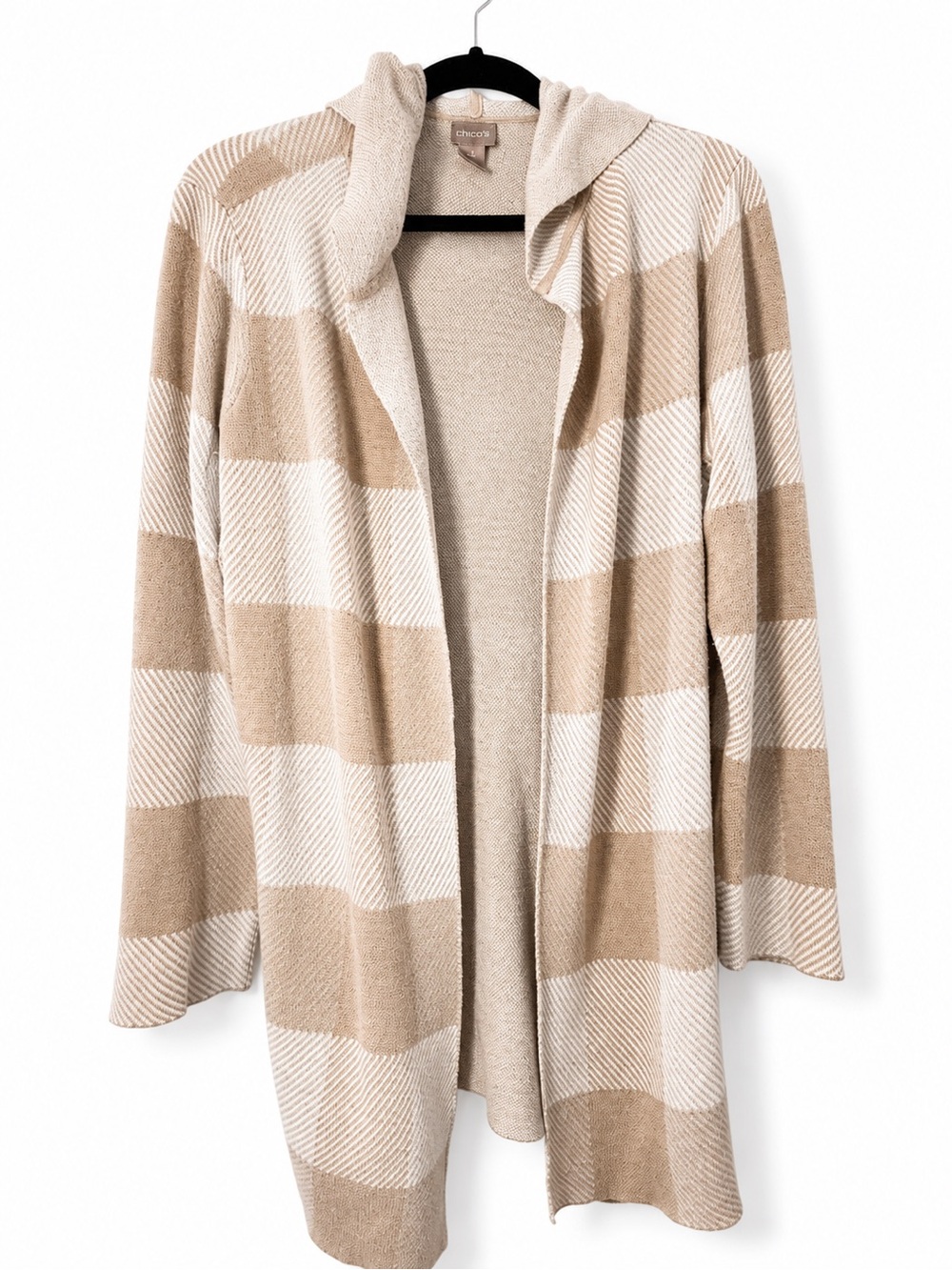 Chico's Beige and Cream Plaid Longline Hooded Cardigan - Picture 2 of 3